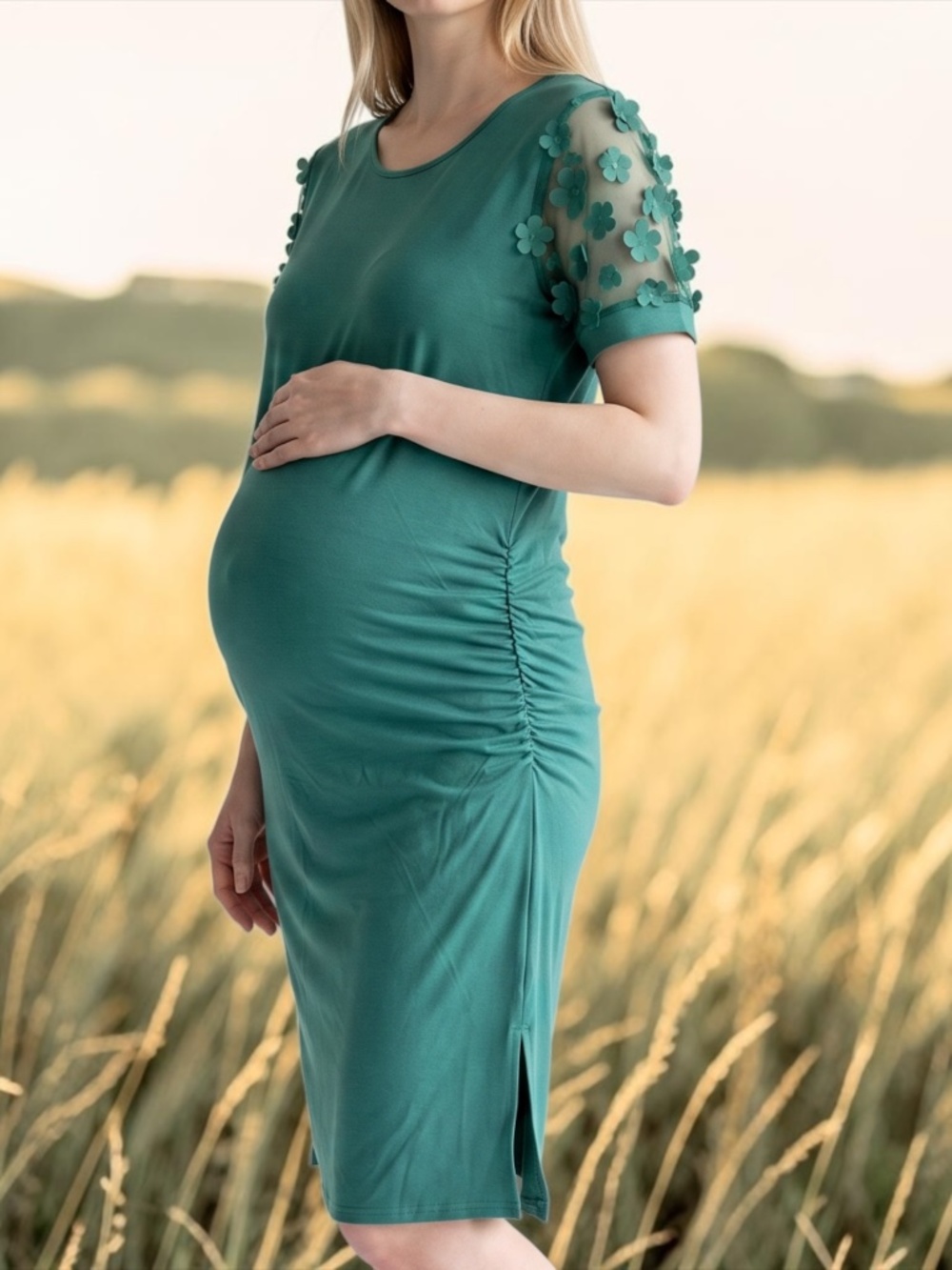 LAHILO XXL Maternity Dress Green Floral Mesh Sleeves Baby Shower Midi